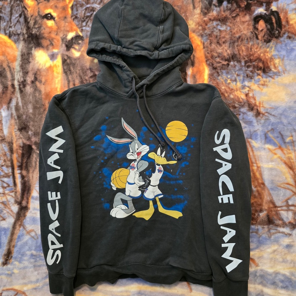 Looney Tunes Space Jam Spellout Bugs Bunny Y2K Style Faded Hoodie sz Medium